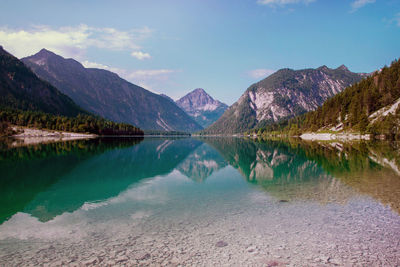 Scenic view of lake and mountains against sky