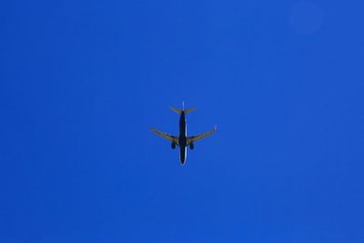 Low angle view of airplane flying in clear blue sky