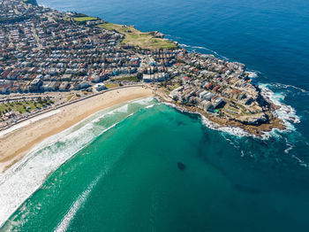 Drone view of bondi beach and north bondi, a famous beach in sydney, new south wales, australia.