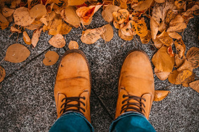 Low section of man standing by autumn leaves on footpath