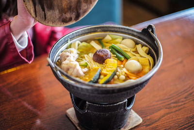 High angle view of salad in bowl on table