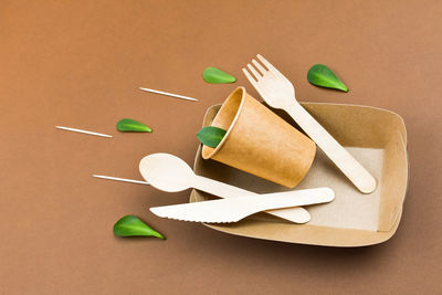 Waste-free, environmentally friendly, disposable, cardboard, paper utensils. copy space.