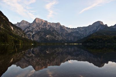 Scenic view of lake and mountains against sky