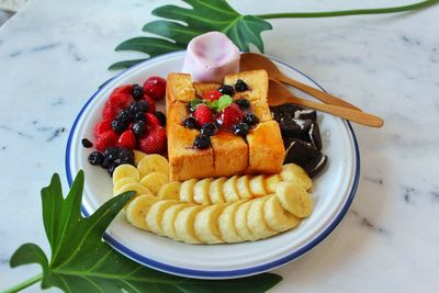 High angle view of breakfast served on table