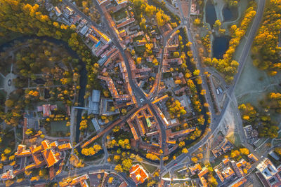 Aerial autumn fall sunrise view of užupis district in vilnius, lithuania