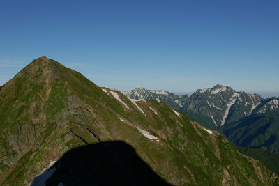 Scenic view of mountains against clear blue sky