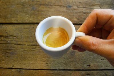 High angle view of coffee cup on table