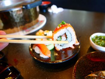 Close-up of sushi served in plate