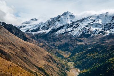 Scenic view of snow covered mountains against sky