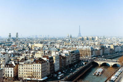 High angle view of buildings against clear sky