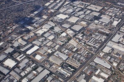 High angle view of city buildings