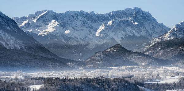 Scenic view of snowcapped mountains against sky