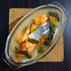 High angle view of fish served in plate on table
