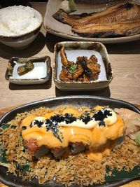 High angle view of food in plate on table