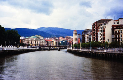 River by buildings in town against sky