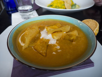 Close-up of soup in bowl on table