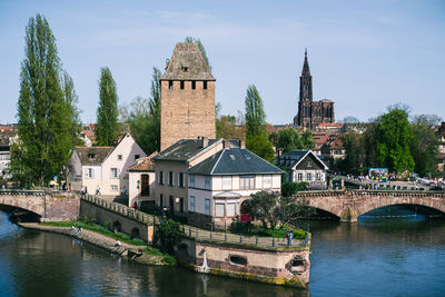 View of built structures against clear sky