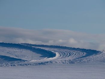 Scenic view of snow covered field against sky