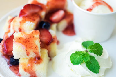 Close-up of dessert served on table