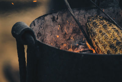 Close-up of corn cob on barbecue grill