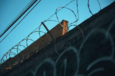 Low angle view of bird perching on cable against clear sky