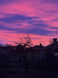 Silhouette tree and buildings against sky at sunset