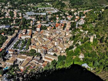 High angle view of houses in town