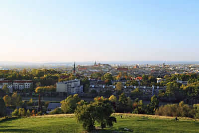 High angle view of townscape against clear sky