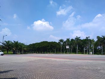 Scenic view of trees by street against sky