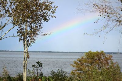 Scenic view of rainbow over sea against sky