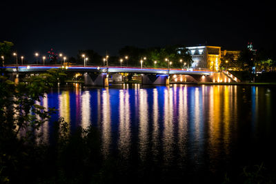 Illuminated bridge over river in city at night