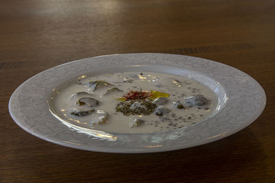 High angle view of breakfast served on table