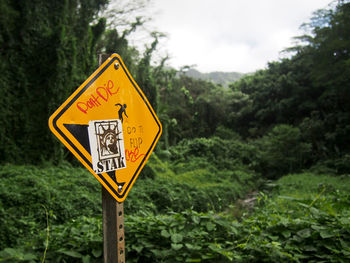 Road sign in forest