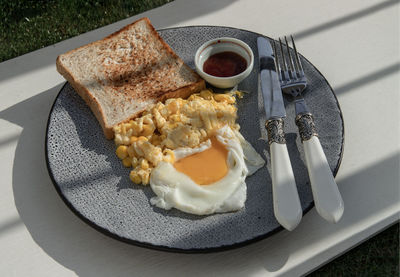 High angle view of food in plate on table