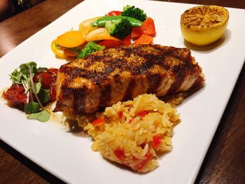 Close-up of meal served in plate on table