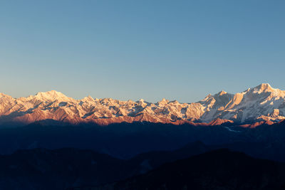 Scenic view of snowcapped mountains against clear sky