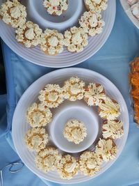 High angle view of breakfast served on table