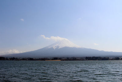 Scenic view of snowcapped mountains against cloudy sky