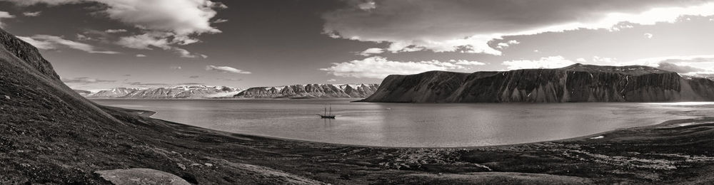 Panoramic view of bay against sky