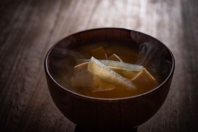 High angle view of soup in bowl on table