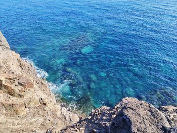 High angle view of rocks on beach