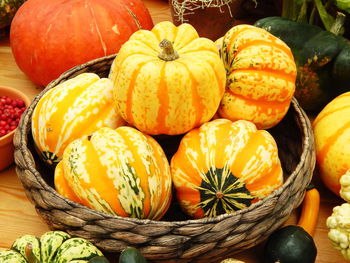 High angle view of pumpkins in basket