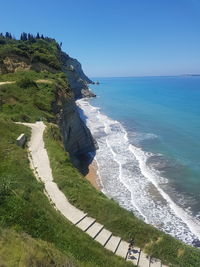 Scenic view of sea against clear blue sky