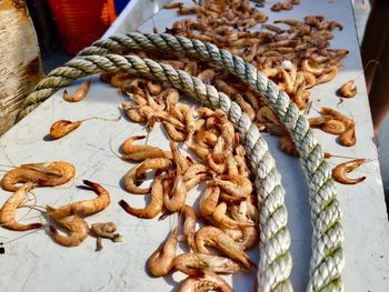 High angle view of tied up on table