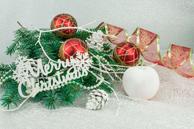 High angle view of christmas decorations on tree