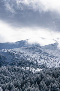 Aerial view of snowcapped mountains against sky