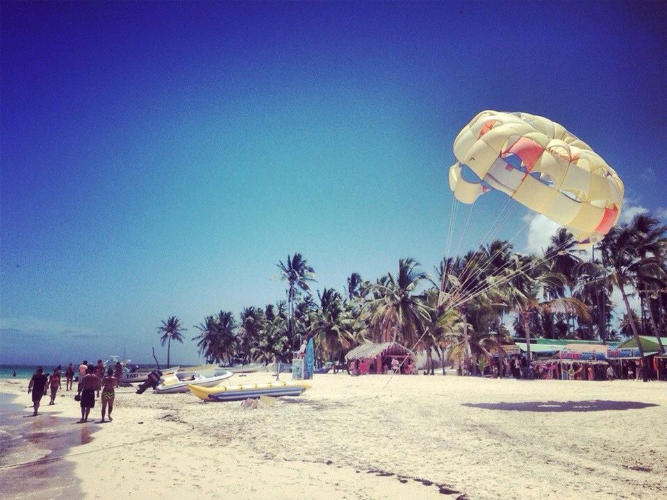 beach, sand, clear sky, leisure activity, large group of people, lifestyles, vacations, blue, shore, men, tourist, copy space, tree, sky, sea, person, tourism, enjoyment, mixed age range