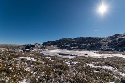 Scenic view of land against clear blue sky