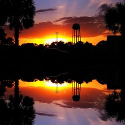 Silhouette palm trees against orange sky