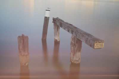 Close-up of text on wooden post in lake